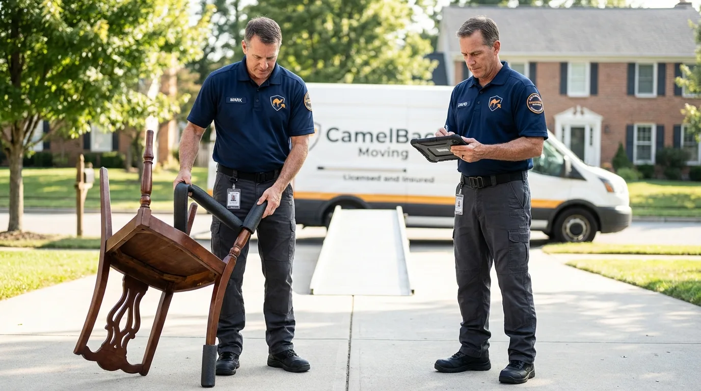 Movers inspecting furniture for damage prevention before loading in Cole Camp, MO